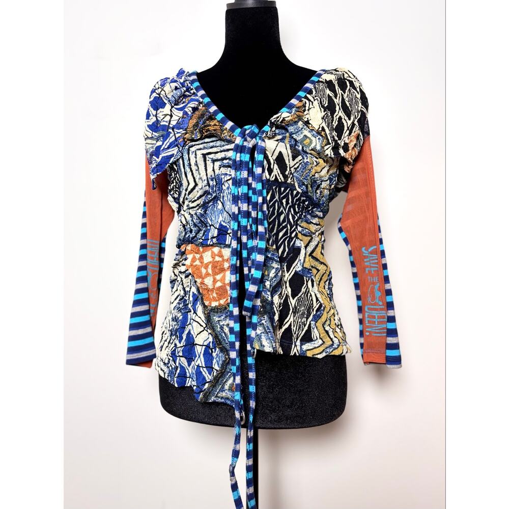 Vtg Y2K NWT Save The Queen Mixed Pattern Statement Collar Tie Front Blouse